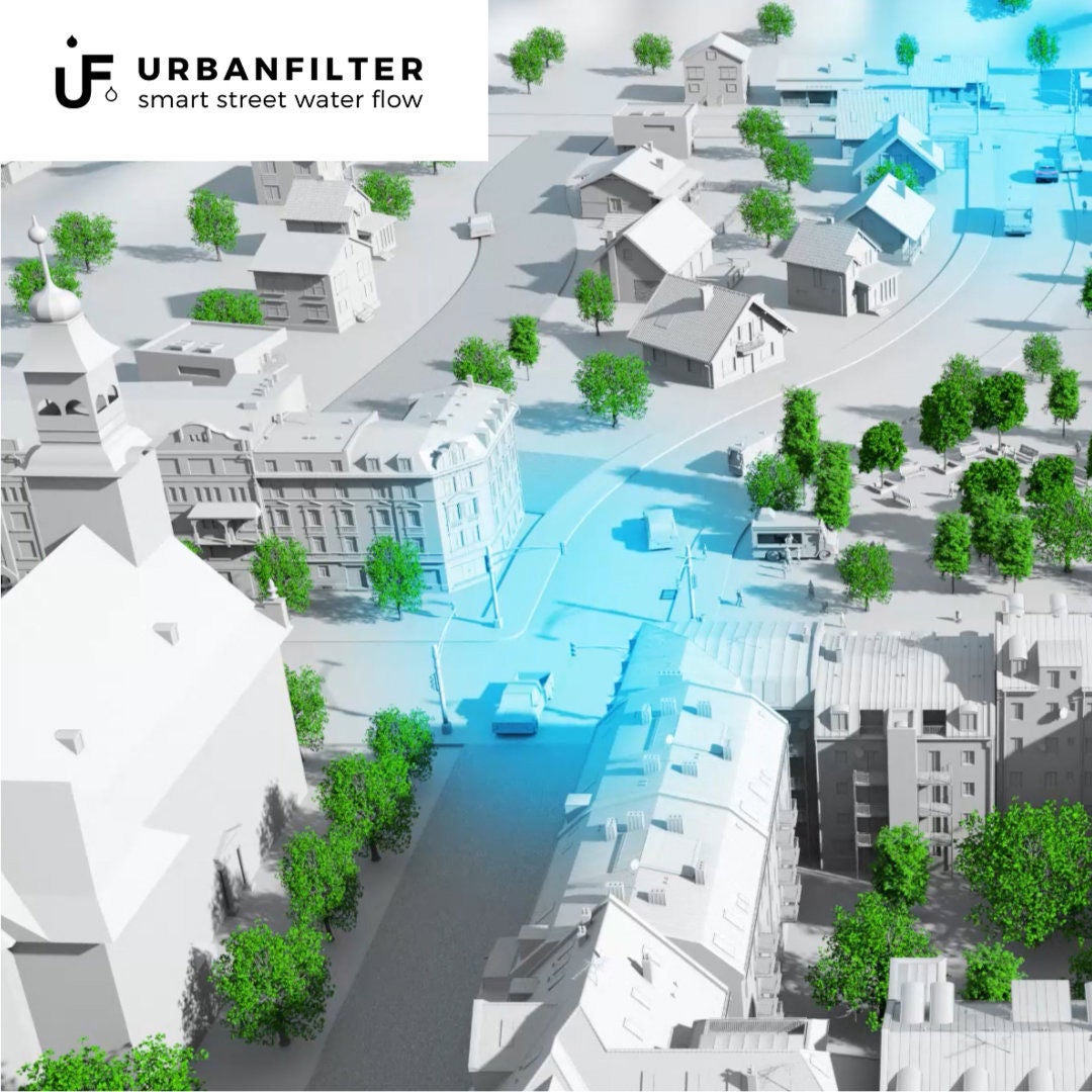 Graphic of a city with areas marked in blue