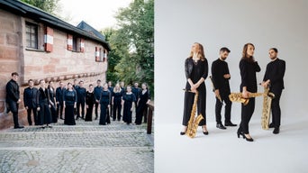 Ein gemischtes Ensemblefoto zeigt links das Vokalensemble LauschWerk in schwarzer Kleidung vor historischer Kulisse, rechts das Arcis Saxophon Quartett mit Instrumenten in modernem Fotostudio.