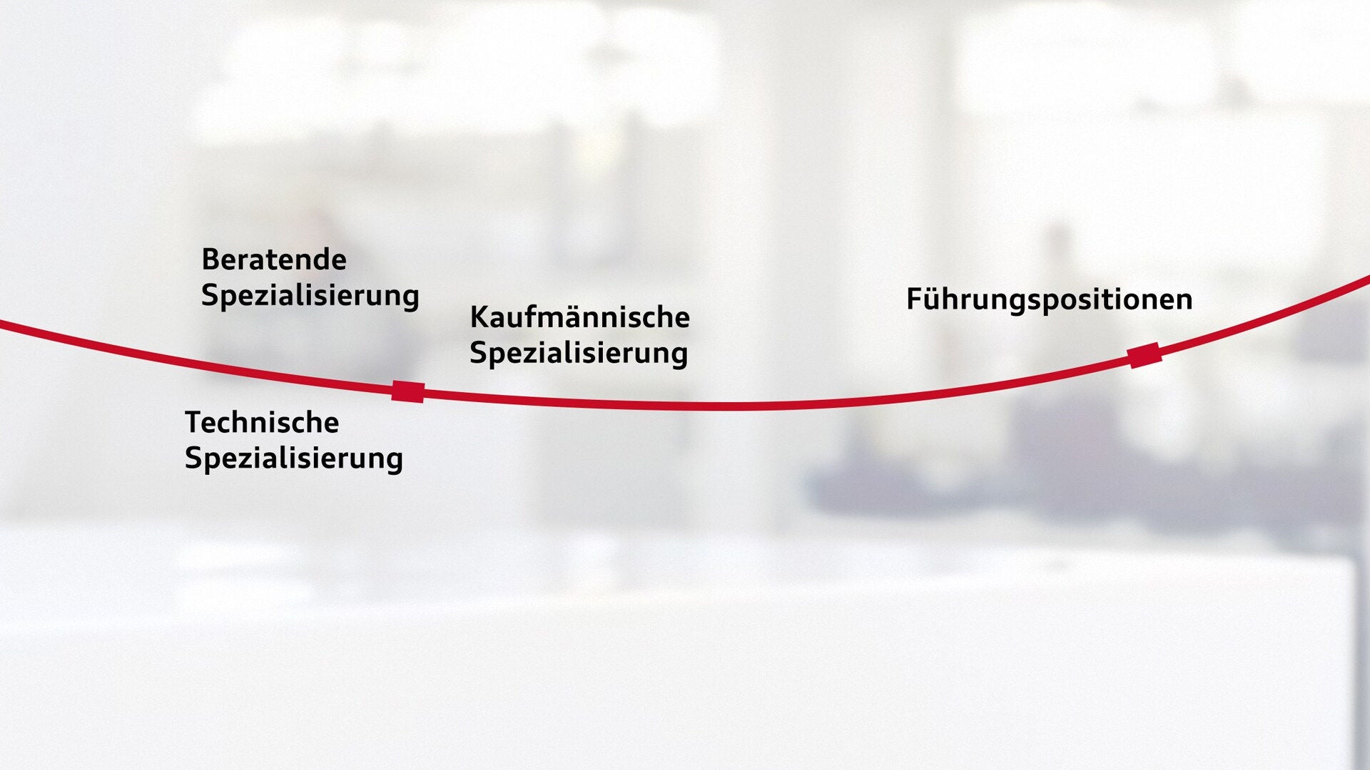 Eine Grafik zeigt eine rote, geschwungene Linie, die vier verschiedene Spezialisierungen und Berufe darstellt