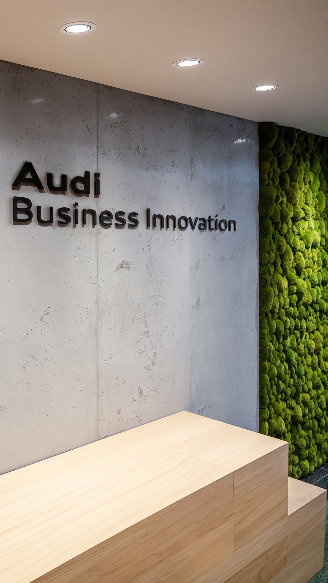 Black Audi Business Innovation logo on a concrete wall