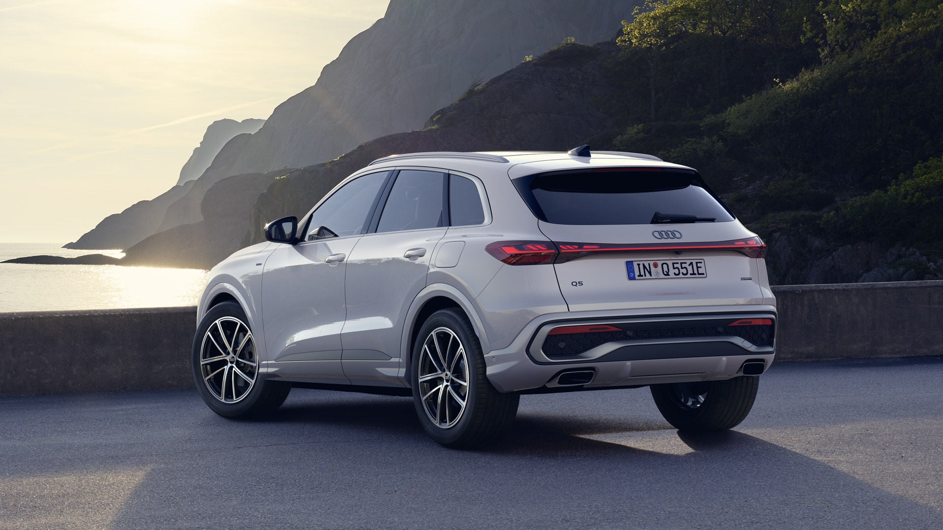 Ein weißer Q5 SUV e-hybrid steht auf einem Parkplatz an der Küste.