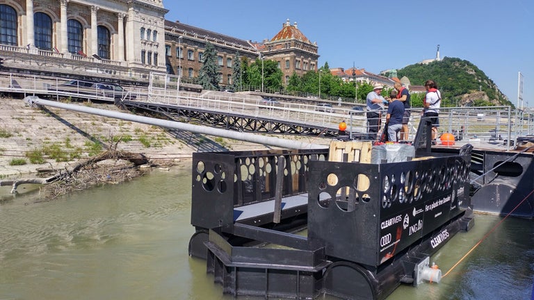 Waste collection ship on the Danube