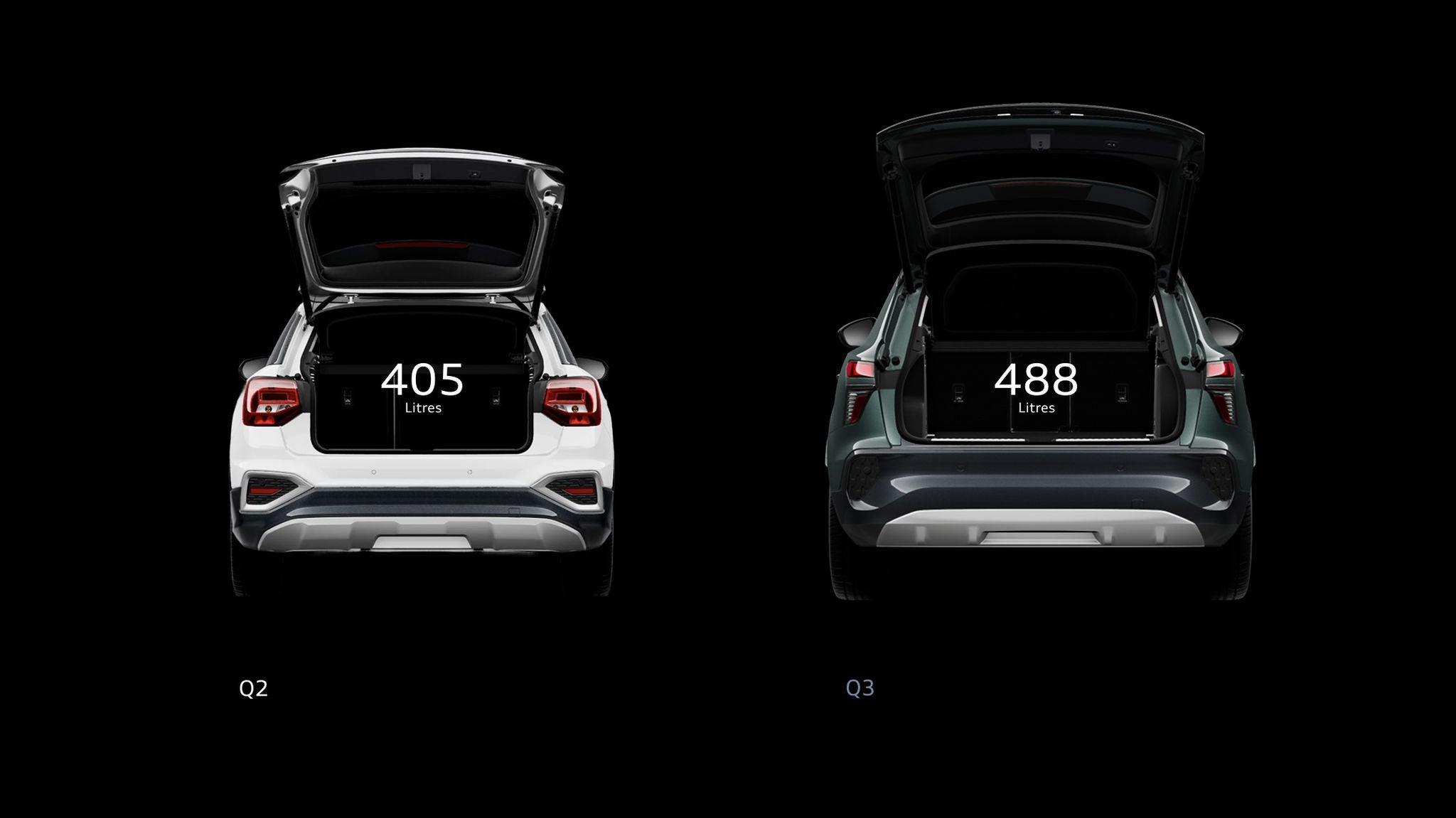 Side-by-side comparison of car trunks. Left: White car, 405 litres capacity. Right: Dark car, 488 litres capacity. Both trunks are open on a black background.