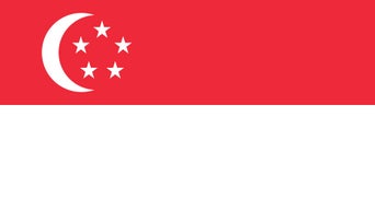 Flag of Singapore with red top, white bottom, crescent and five stars in red field.