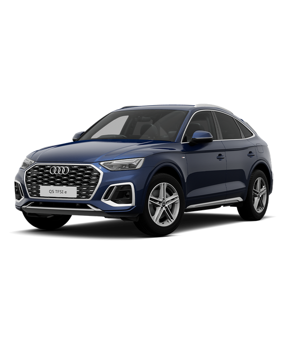 A blue Audi Q5 TFSI e SUV sport trim displayed against a plain background.