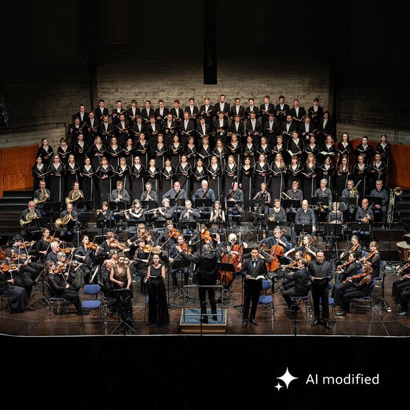 Großes Ensemble aus Chor und Orchester mit Dirigent bei einem Konzert auf der Bühne.