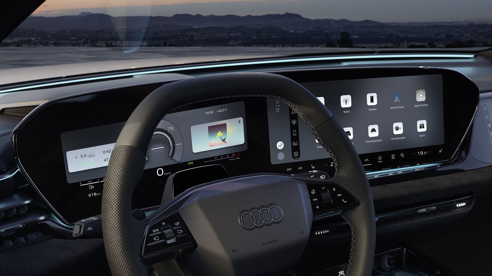 Nahaufnahme des Fahrerdisplays und des Interaktionslichts im Cockpit des A5 Avant e-hybrid.
