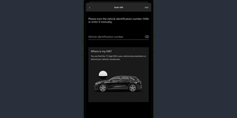The myAudi app displaying the screen to add your VIN, either via a photo or text entry