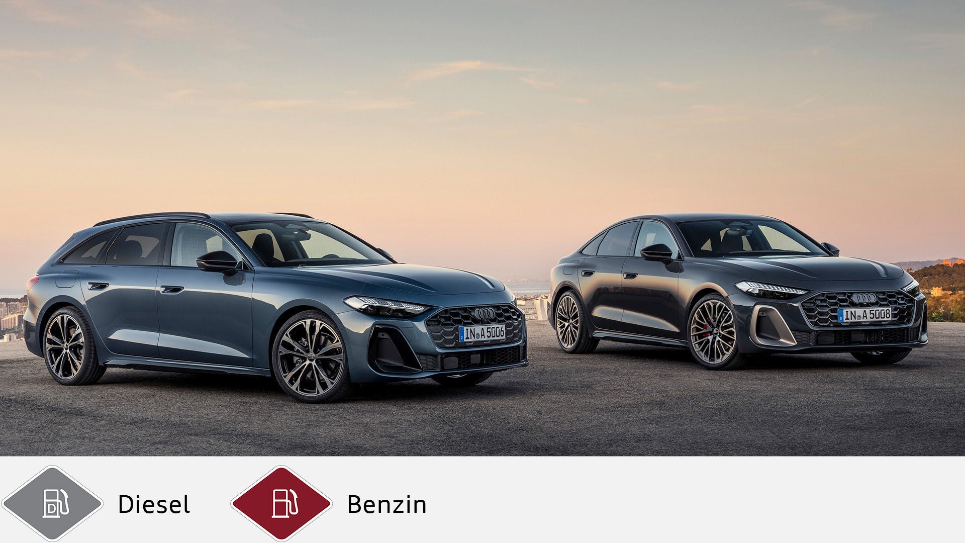 Zwei Audi A5 Modelle, Avant links in Blau, Sportback rechts in Grau, bei Sonnenuntergang. Unten graues Dieselsymbol und rotes Benzinsymbol.
