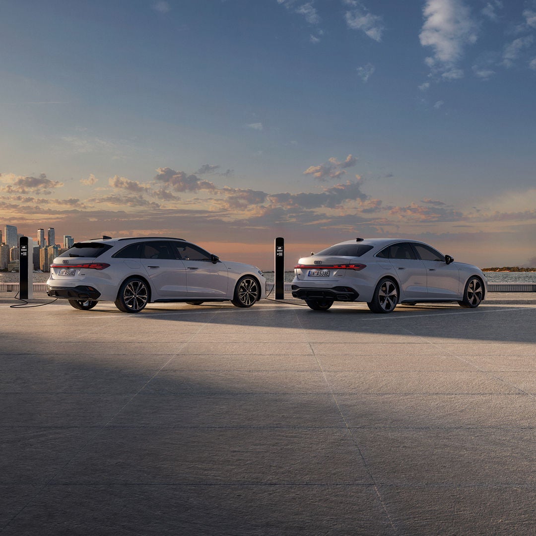 Two white e-hybrid cars are parked side by side at charging stations on a paved waterfront, with a city skyline and colorful sunset in the background.