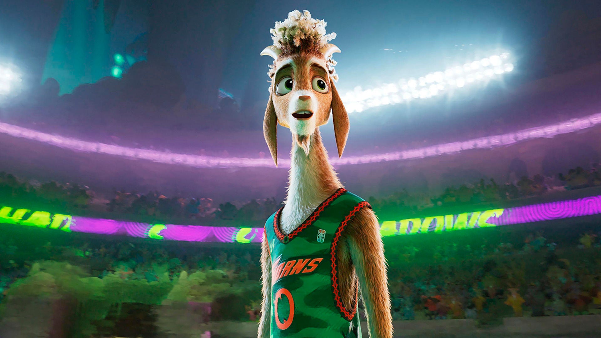 Ziegenbock Will mit Sportkleidung in einem großen Stadion.