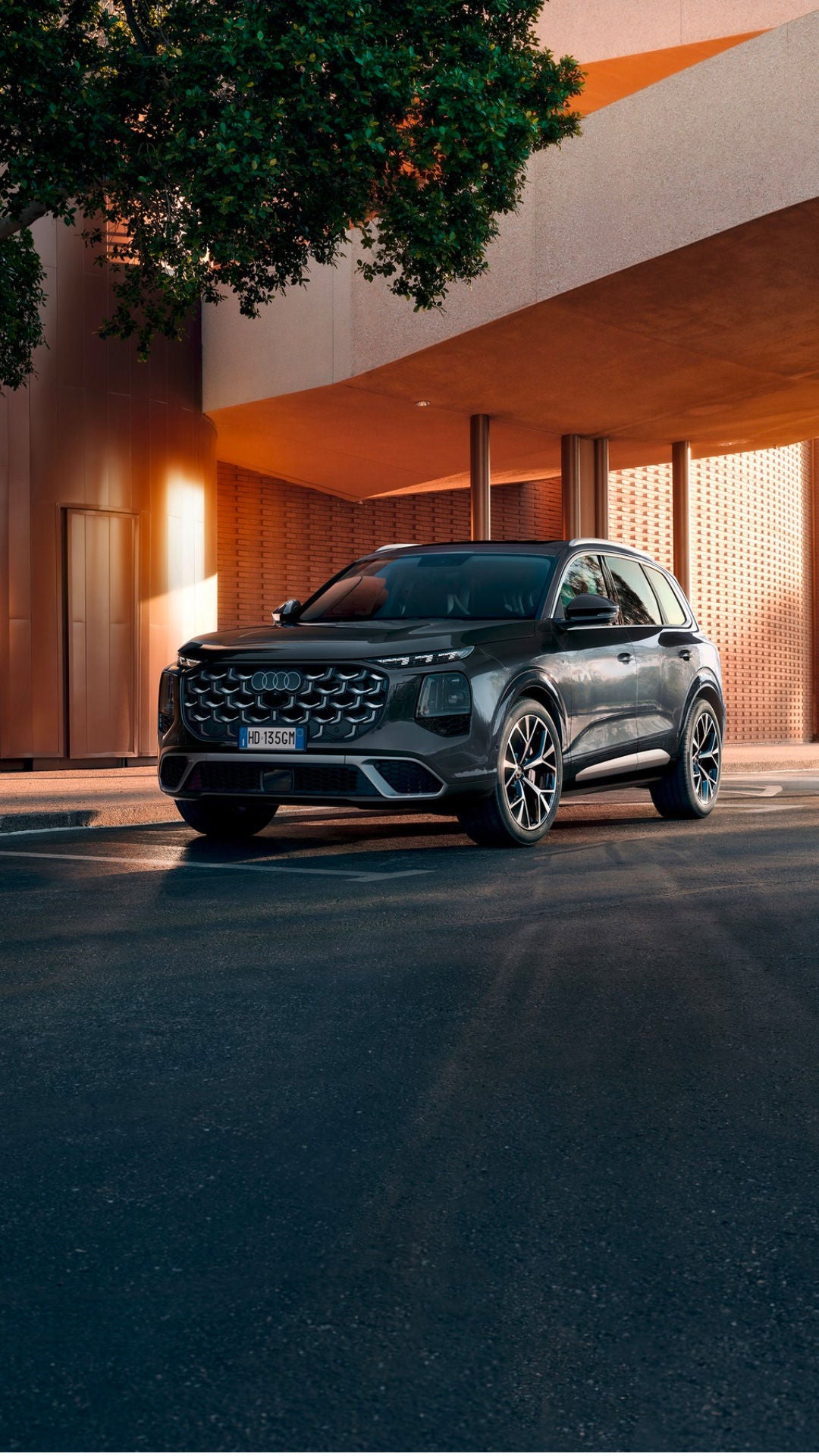 Audi Q7 parcheggiata di fronte a un edificio moderno