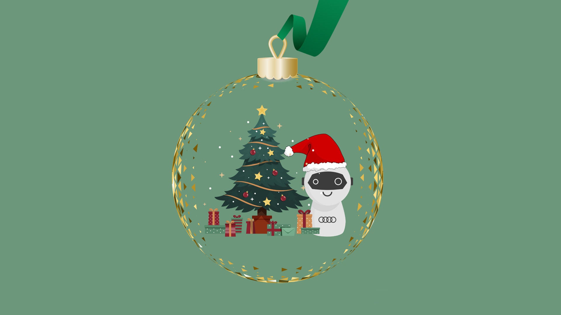 Weihnachtliche Glaskugel mit goldenen Mustern; darin ein geschmückter Tannenbaum, Geschenke und eine kleine Roboterfigur mit Weihnachtsmütze vor grünem Hintergrund.