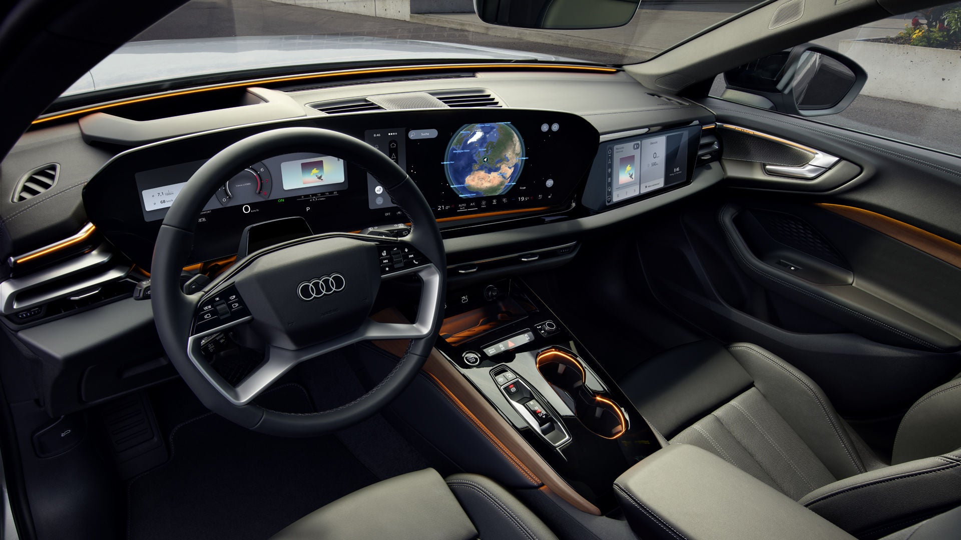 View of the steering wheel and displays in the A5 Avant from the driver's perspective.