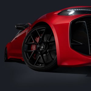 Close-up shot from below and at an angle of a 20-inch RS wheel on the RS 5 Avant.