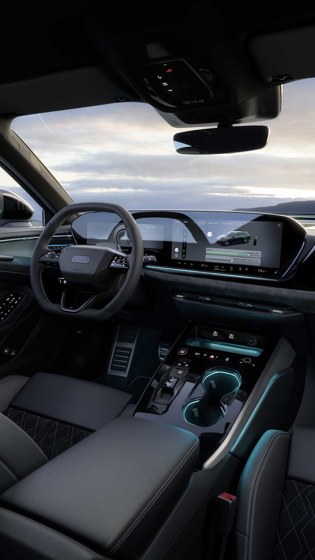 Blick auf das Cockpit und die Panoramadisplays des A5 Avant e-hybrid.