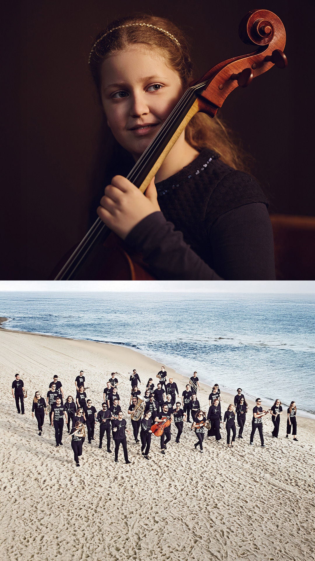 Links Mädchen mit Cello im Porträt, rechts großes Orchester in schwarzer Kleidung am Strand vor Meer und Himmel.