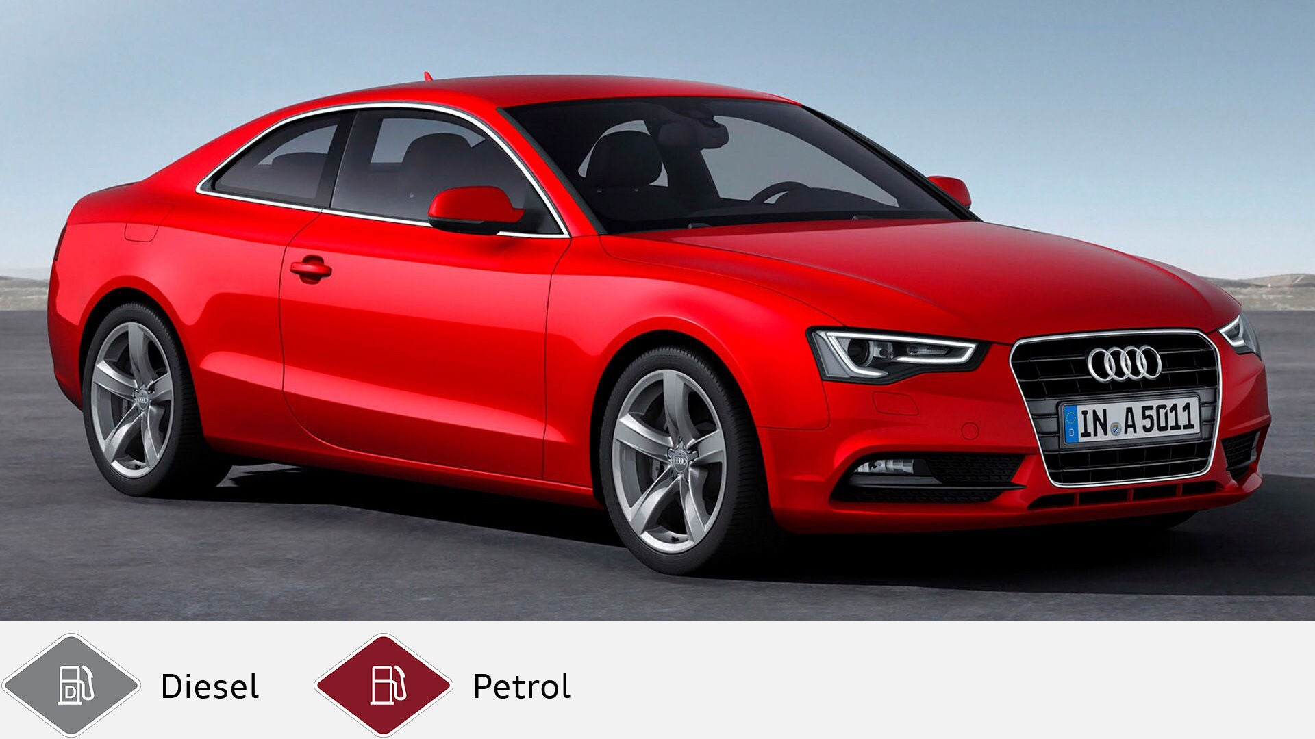 Red Audi A5 Coupé (2011-2016) in side profile on gray background. Gray diesel symbol and red petrol symbol at the bottom.