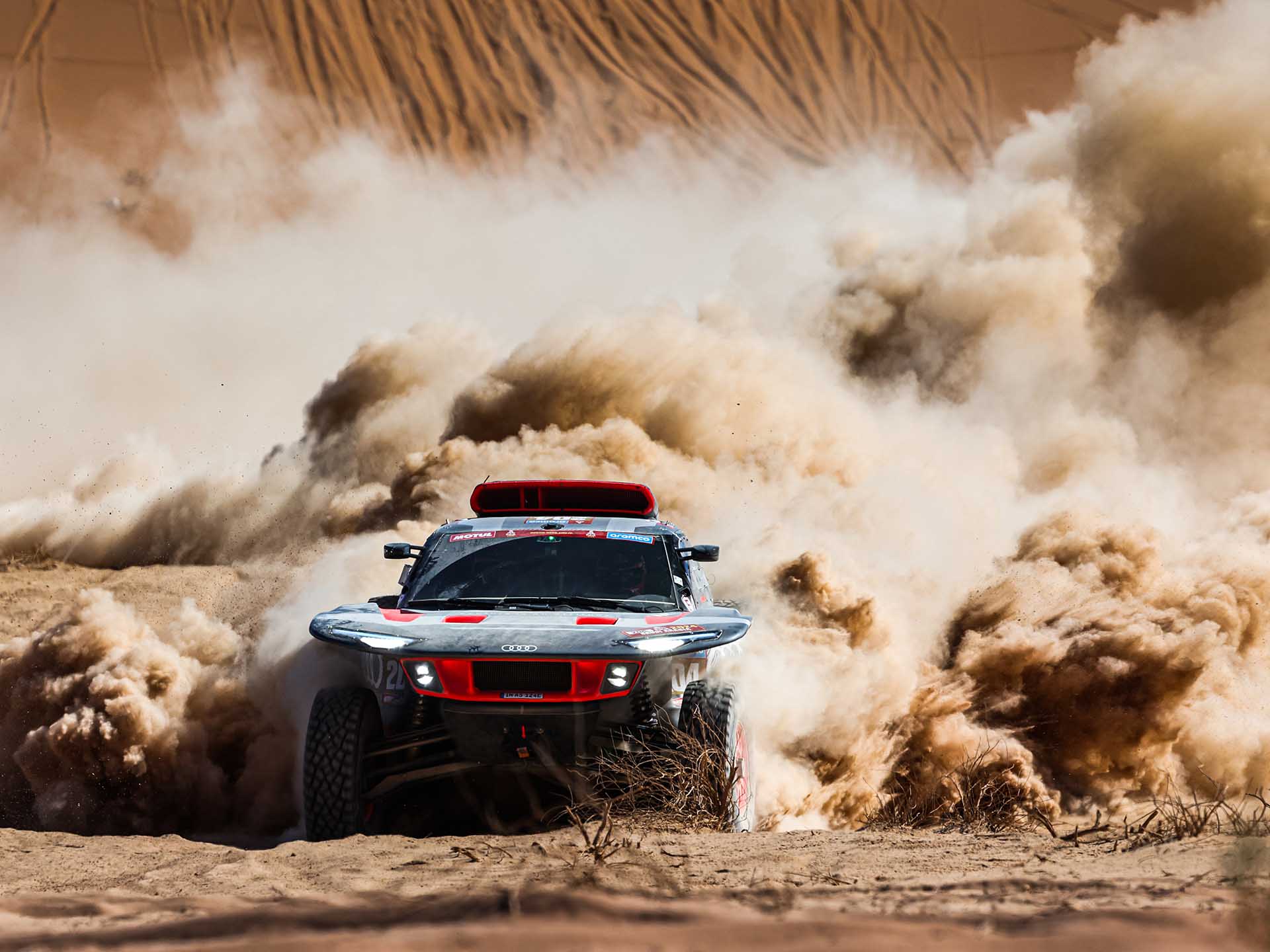 A picture of the victorious Audi RS Q e-tron at the 2024 Dakar Rally.