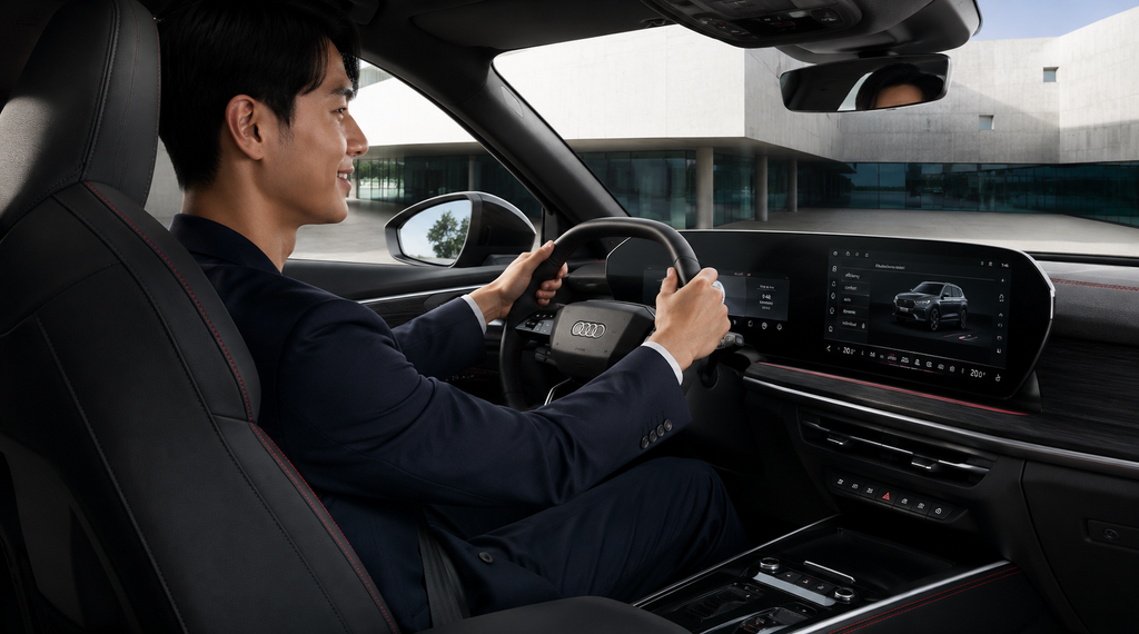 View from behind at an angle of the cockpit of the Q3 Sportback, a young man is sitting at the wheel.