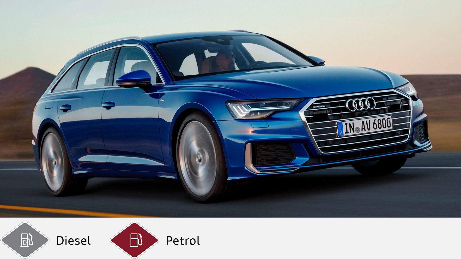 Blue Audi A6 Avant (from 2018) in motion at sunset on the open road. Gray diesel symbol and red petrol symbol at the bottom.