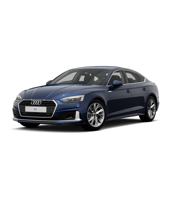 A blue Audi A5 Sportback sport trim against a plain white background.