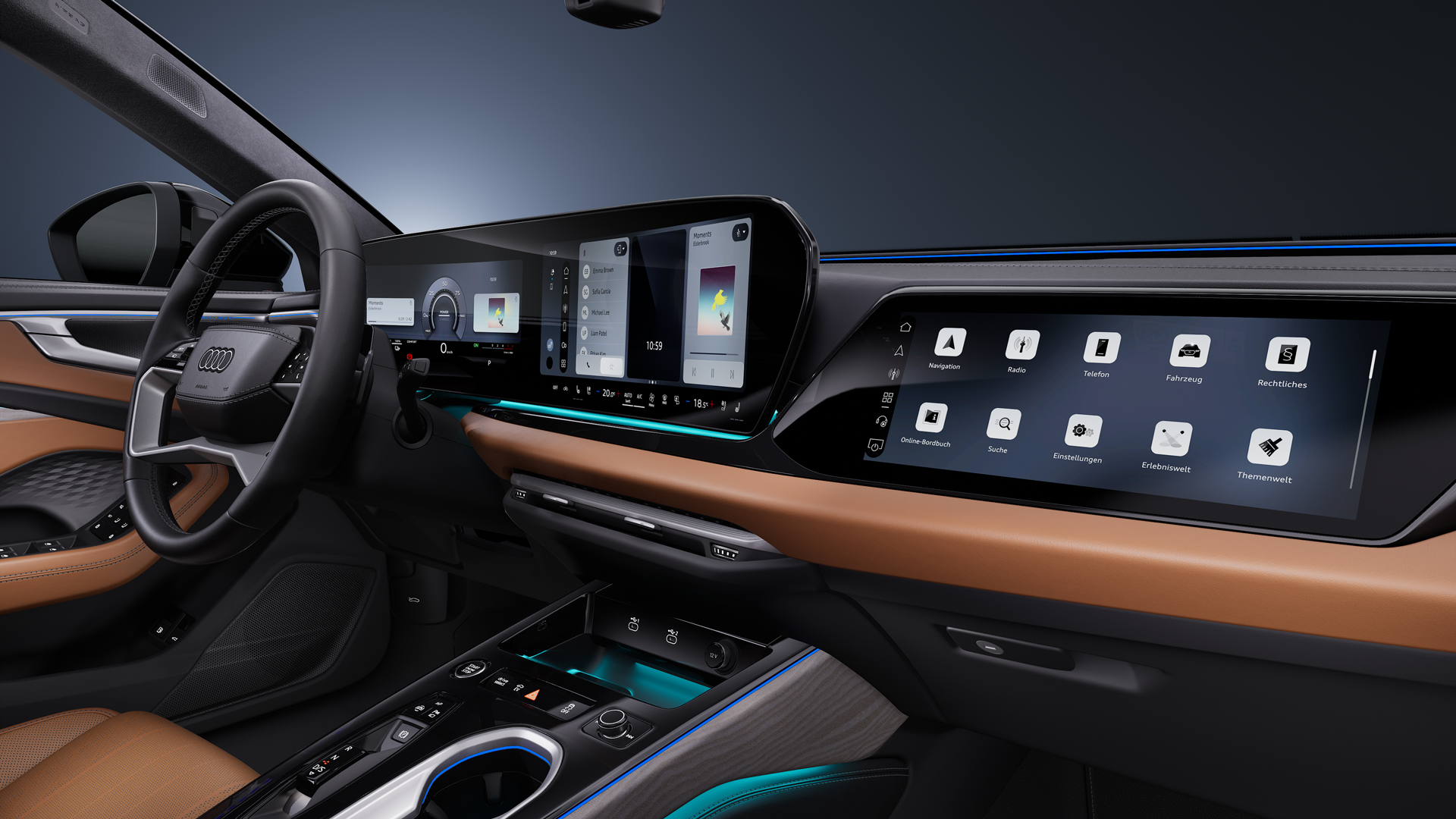 A close-up view of the cockpit from the side, focusing on the steering wheel and the digital displays.