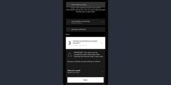 The myAudi app displaying the vehicle on screen after logging in