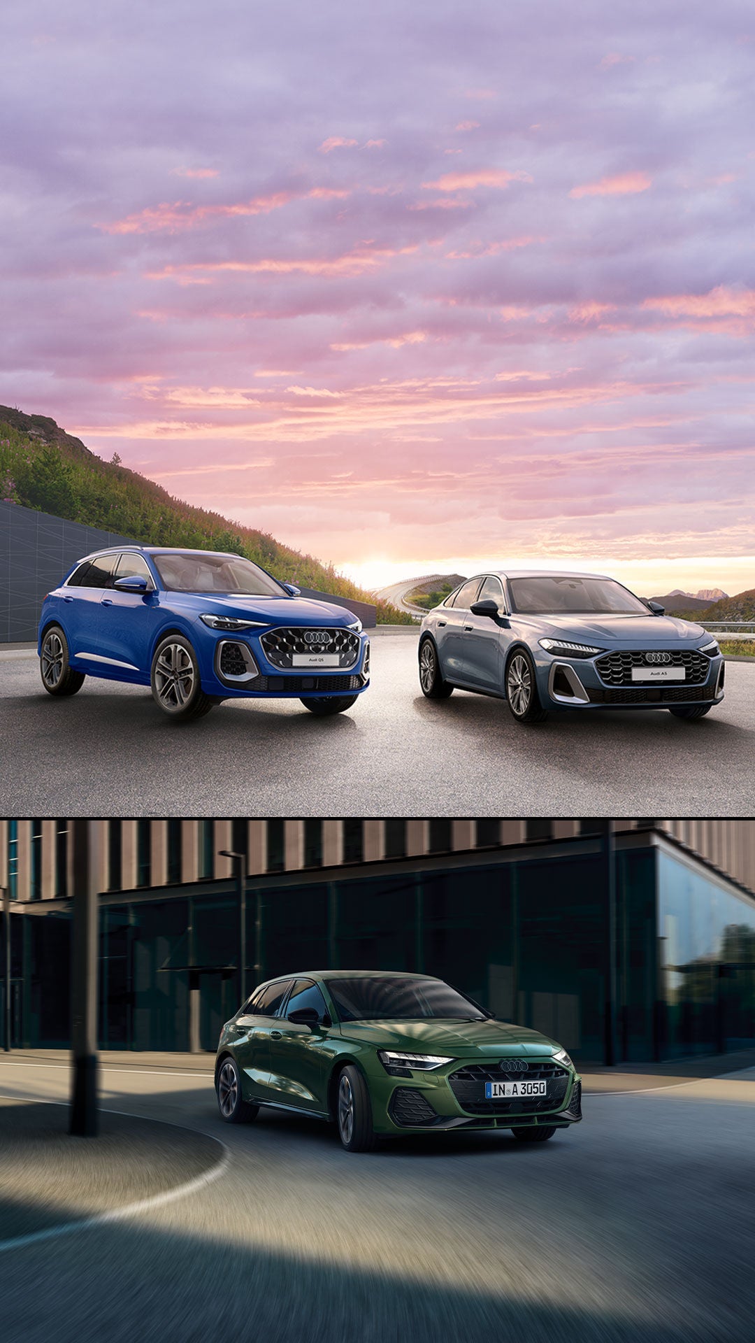 Audi A5、Audi Q5、Audi A3が横に並んでいる写真