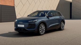 Blue Audi SQ6 e-tron facing front, parked on tarmac in front of building with patterned facade.