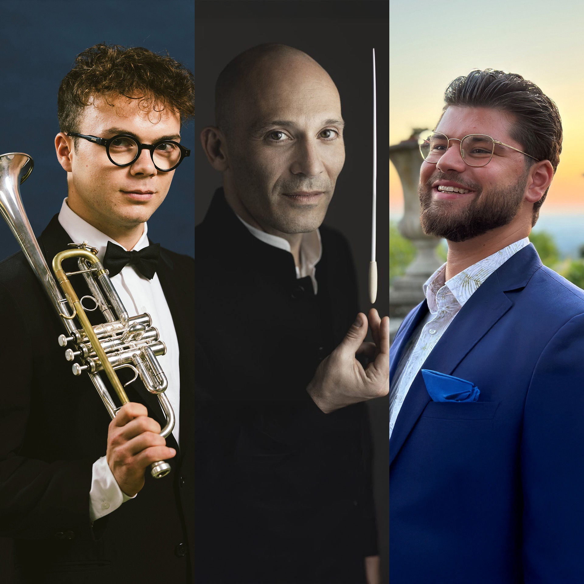Drei Männer in Porträts: links ein Trompeter mit Instrument, mittig ein Dirigent mit Taktstock, rechts ein lächelnder Mann im Anzug.