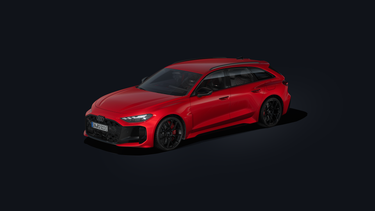 The RS 5 Avant in a slanted profile from the front on a dark background.	