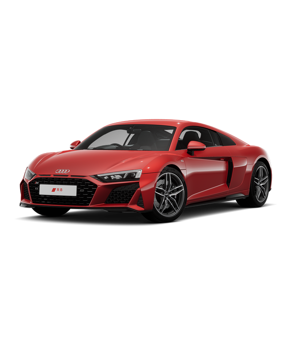 Red Audi R8 Coupe car on a plain background.