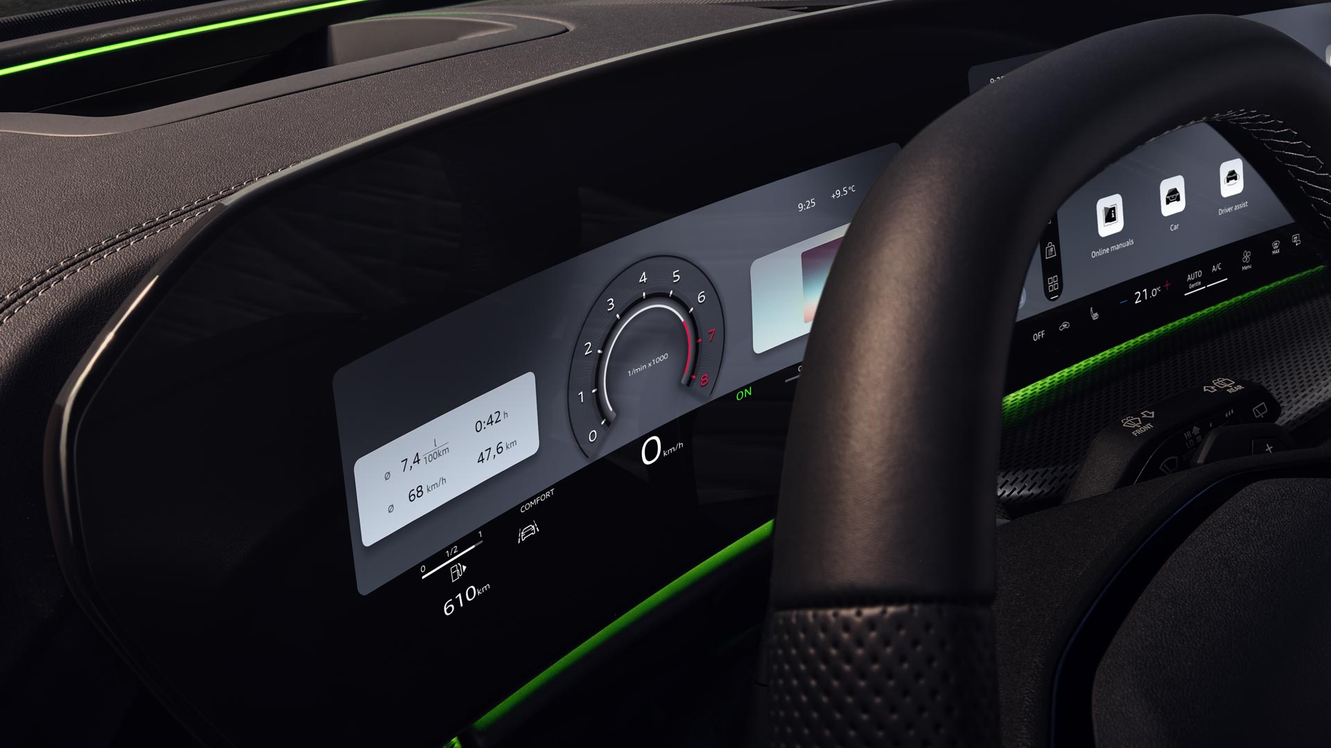 View through the driver's window into the cockpit of the Q5 SUV. The Audi virtual cockpit on the driver's display and the green interaction light at the bottom of the windshield are visible.
