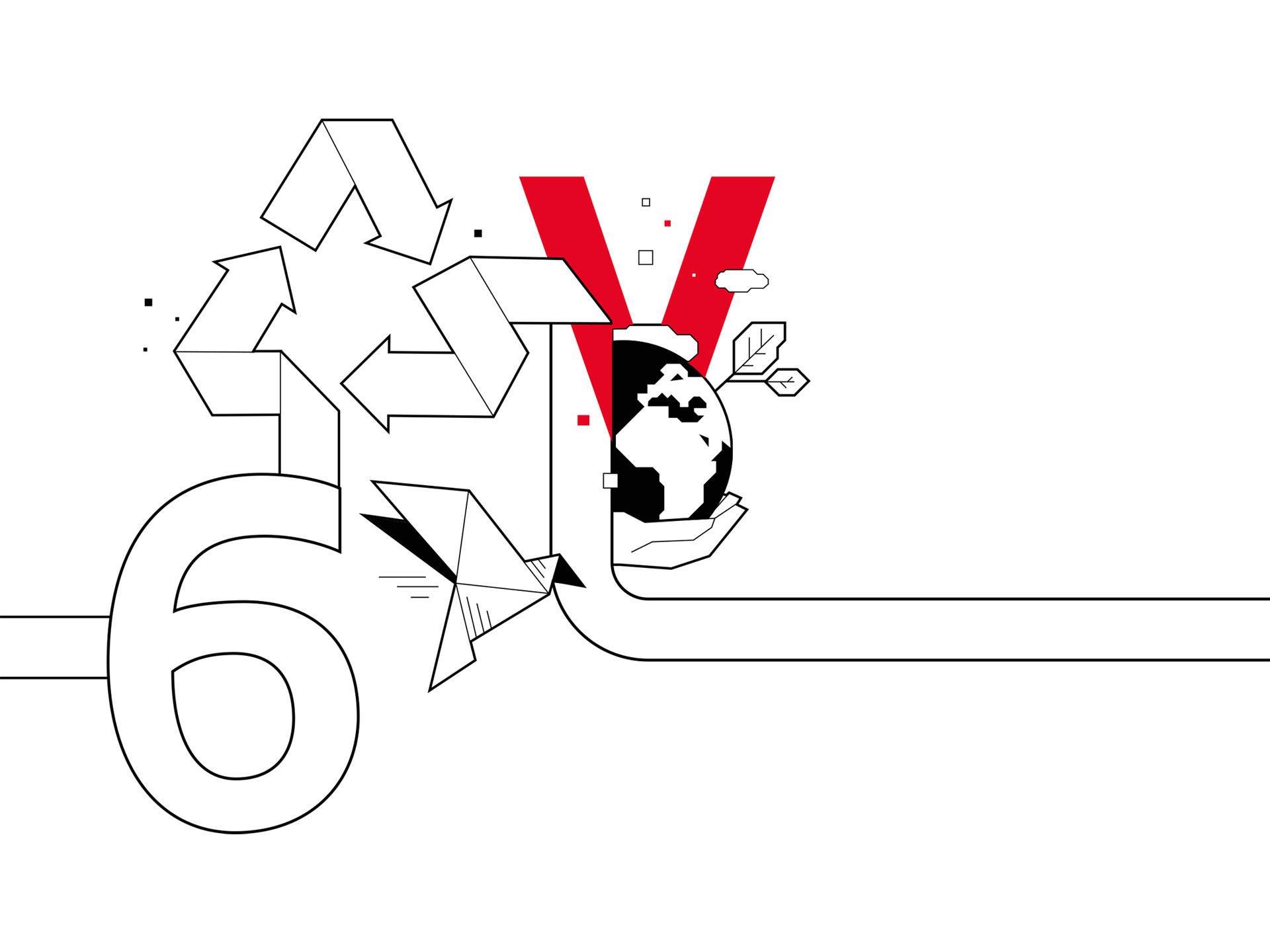 Zahl 6 mit Recycling-Symbol, Origami-Vogel und Hand, die eine Erdkugel mit Blättern hält – Symbol für Nachhaltigkeit.