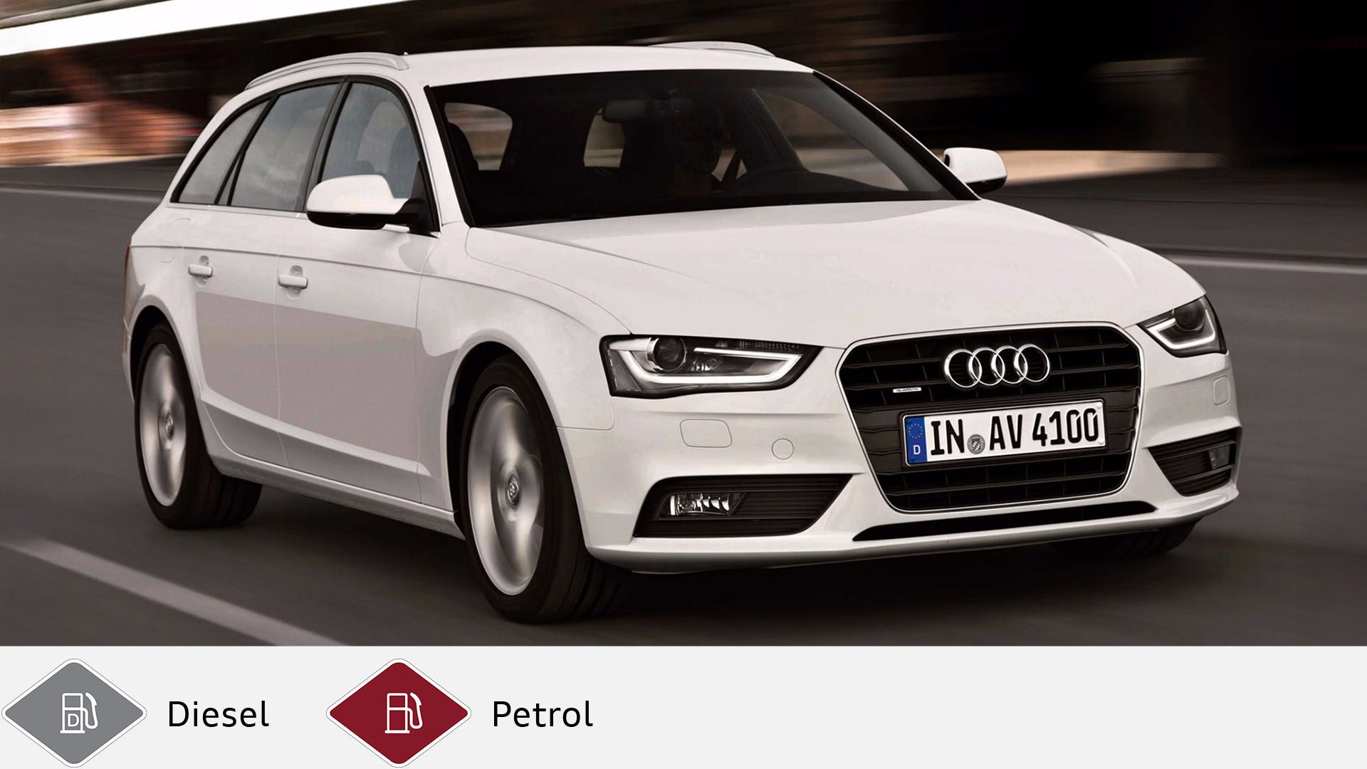 White Audi A4 Avant in motion, side-front street view. Gray diesel symbol and red petrol symbol at the bottom.