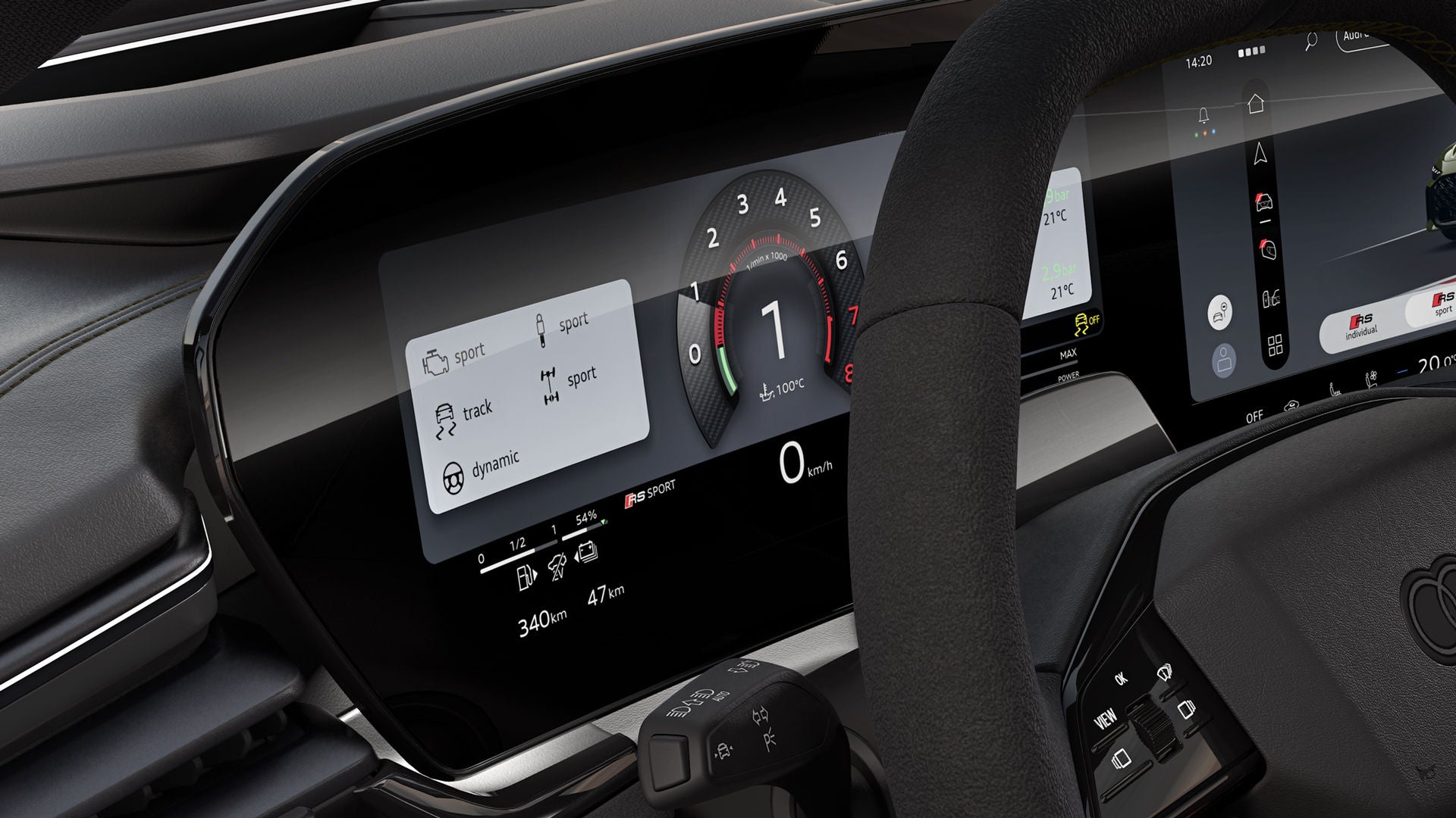 Nahaufnahme des Audi virtual cockpits auf der Fahrerseite.