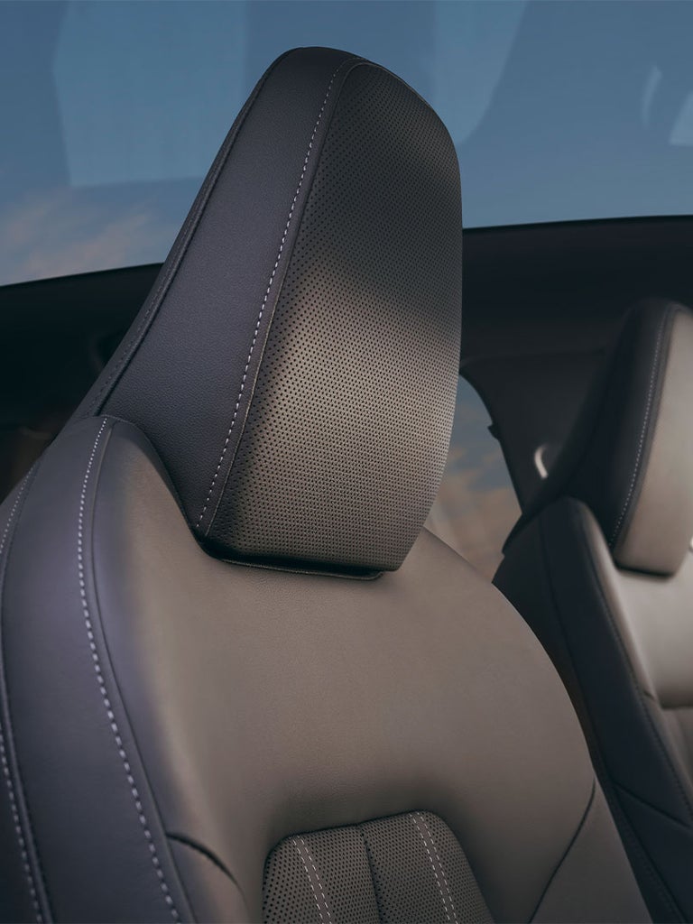 Nahaufnahme der Kopfstütze eines Vordersitzes im Audi A5 Avant mit Blick auf das Panorama-Glasdach.