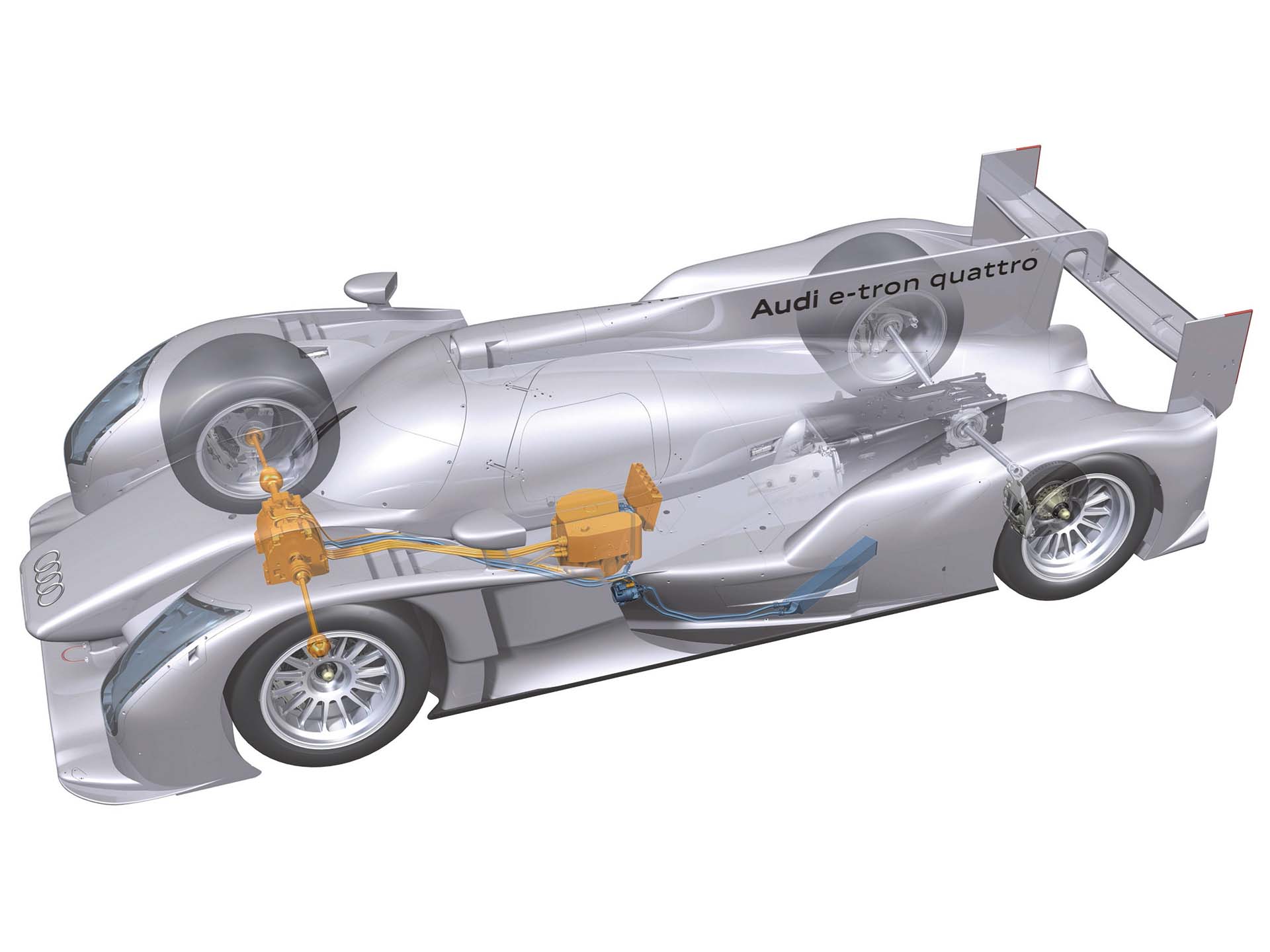 A cutaway view of the Audi R18 e-tron quattro, showing details of its hybrid drivetrain.