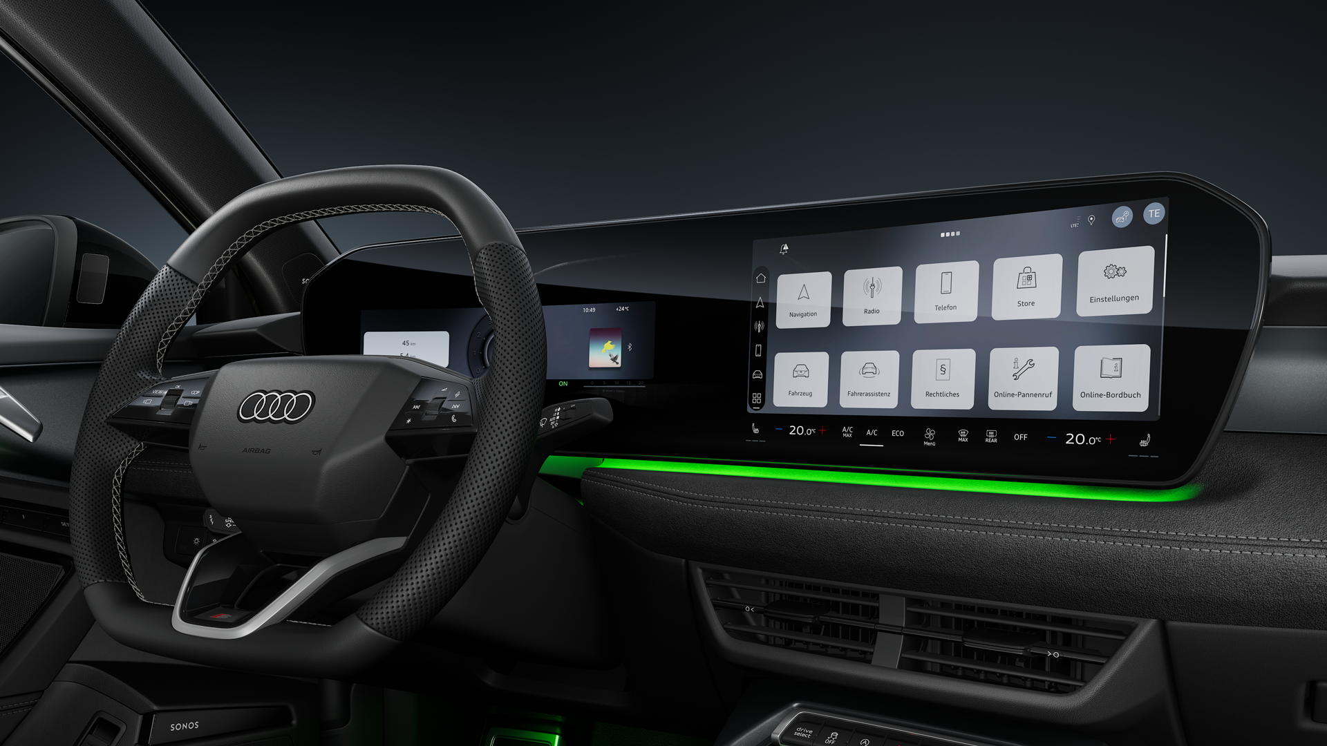 A view of the cockpit with its sports steering wheel, curved panoramic display and ambient lighting.