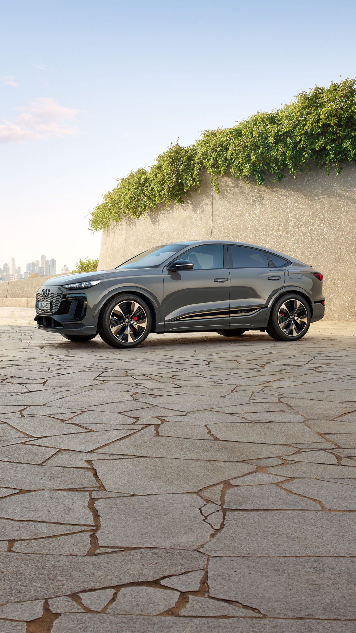 Der Q6 Sportback e-tron steht schräg seitlich vor einer begrünten Steinwand. Im Hintergrund ist die Skyline einer Stadt zu erkennen.