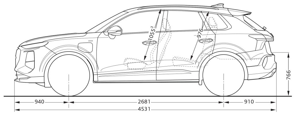 Audi Q3 e-hybrid. Mått från sidan.