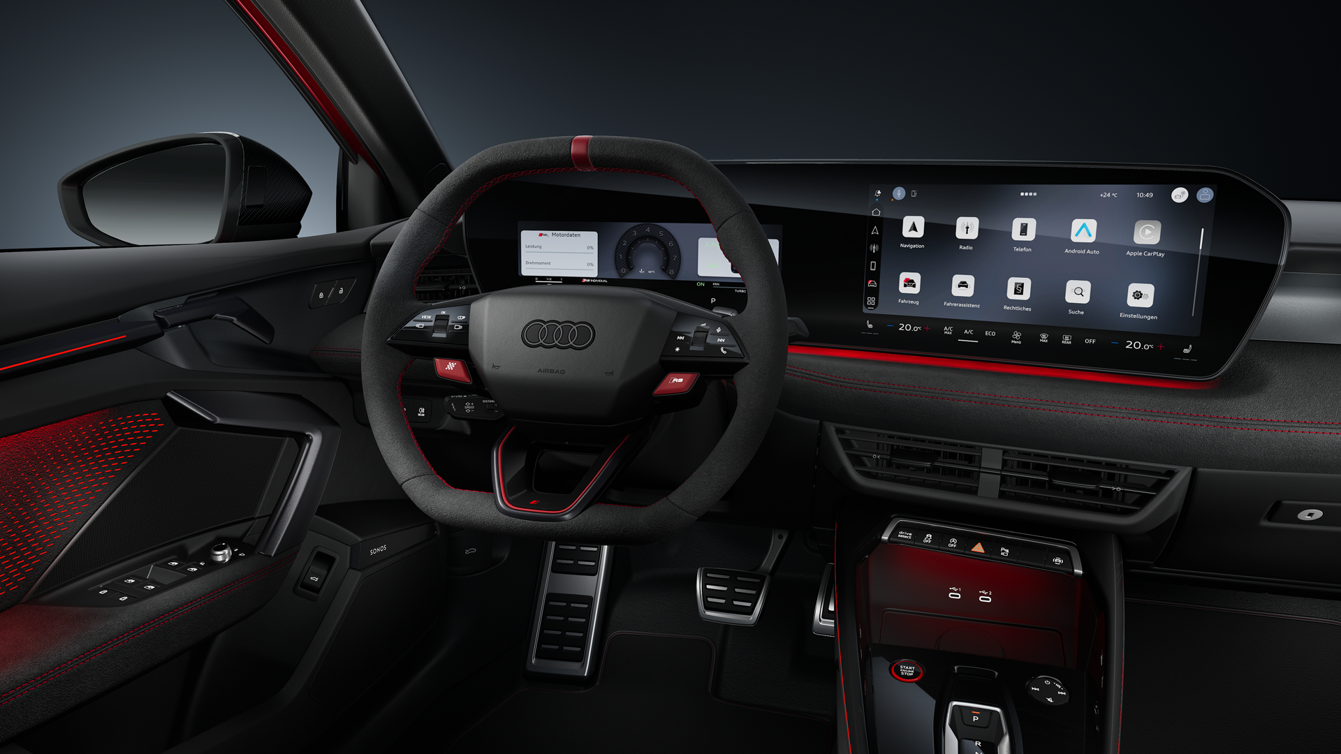 Blick von schräg hinten auf das Cockpit des Audi RS 3 Sportback.