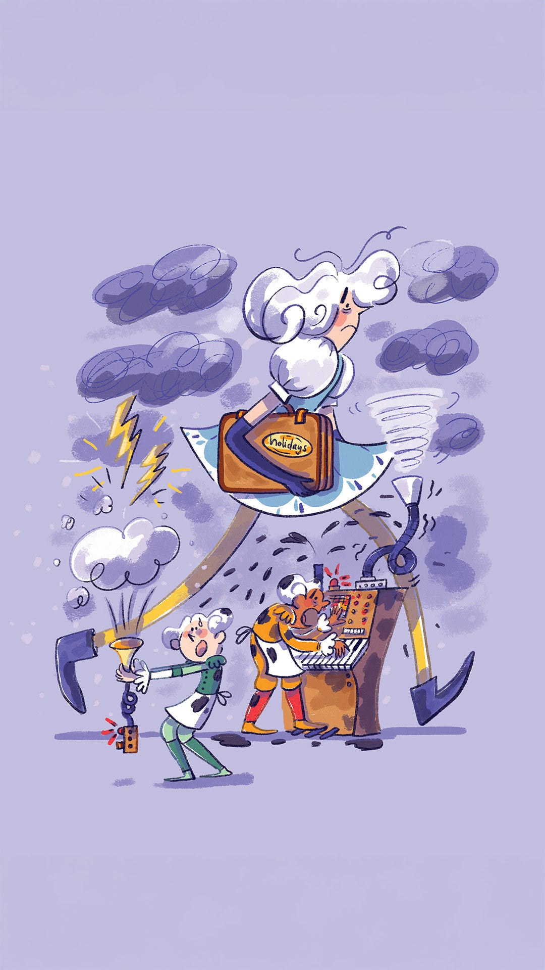 Illustration mit großer Frau mit Tasche über zwei kleineren Figuren; Wolken, Blitz, Wind und Maschine, violette Farbpalette.