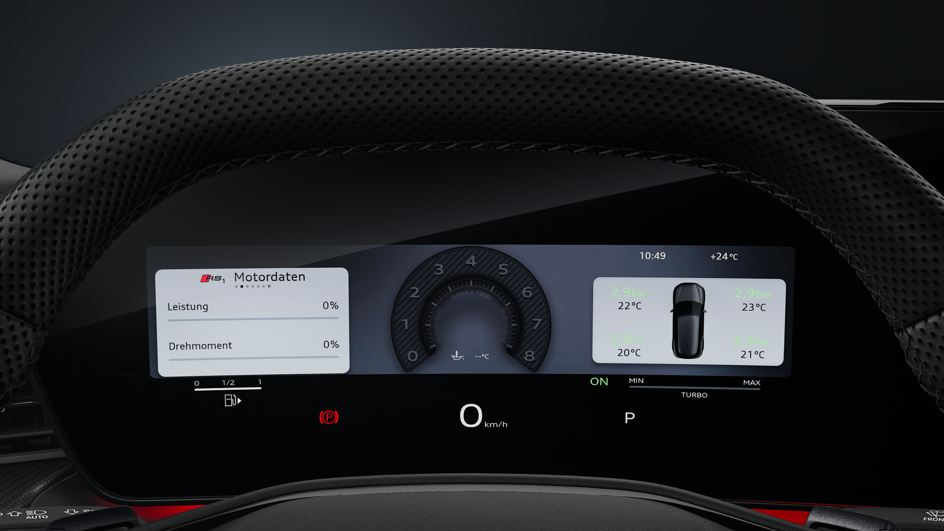 Focus op de Audi virtual cockpit Plus met toerenteller.