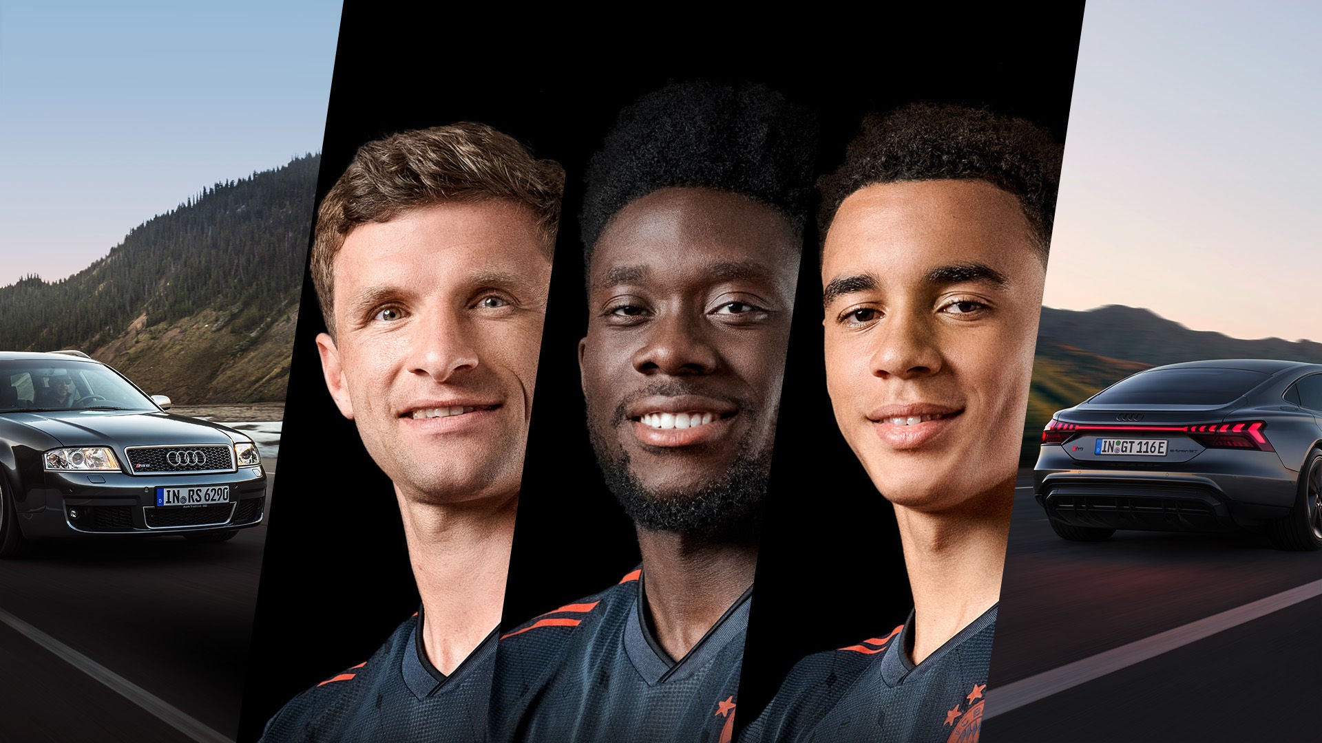 Kollage mit Thomas Müller, Alphonso Davies und Jamal Musiala