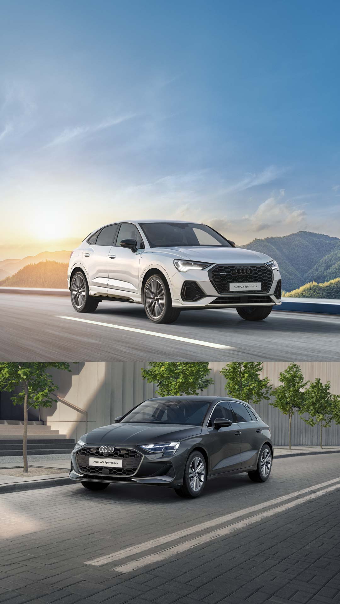 左側に白いAudi Q3 Sportbackが山道を走行し、右側にグレーのAudi A3 Sportbackが街中に駐車している。