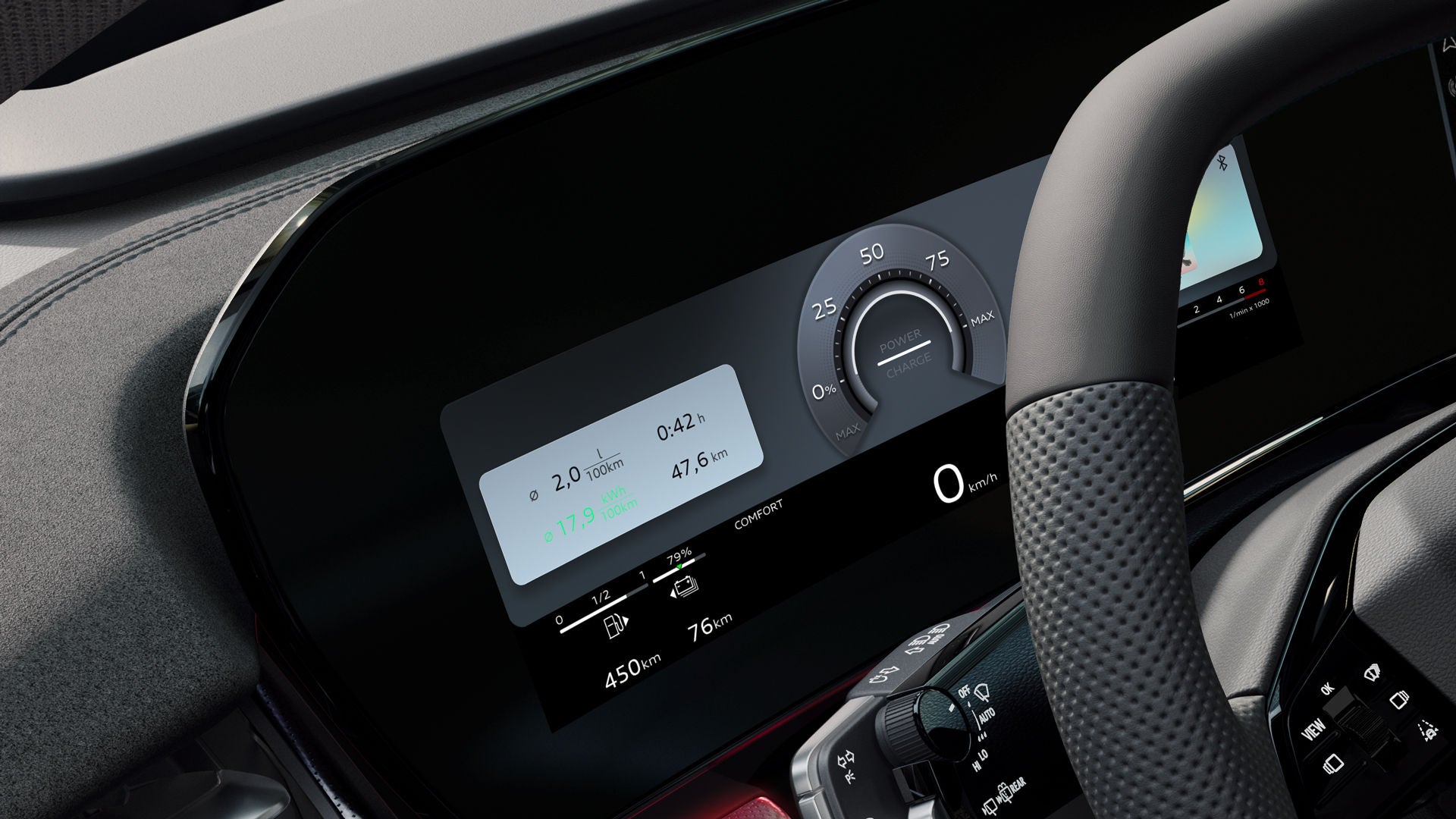View of the steering wheel and digital displays of the Audi virtual cockpit plus.	