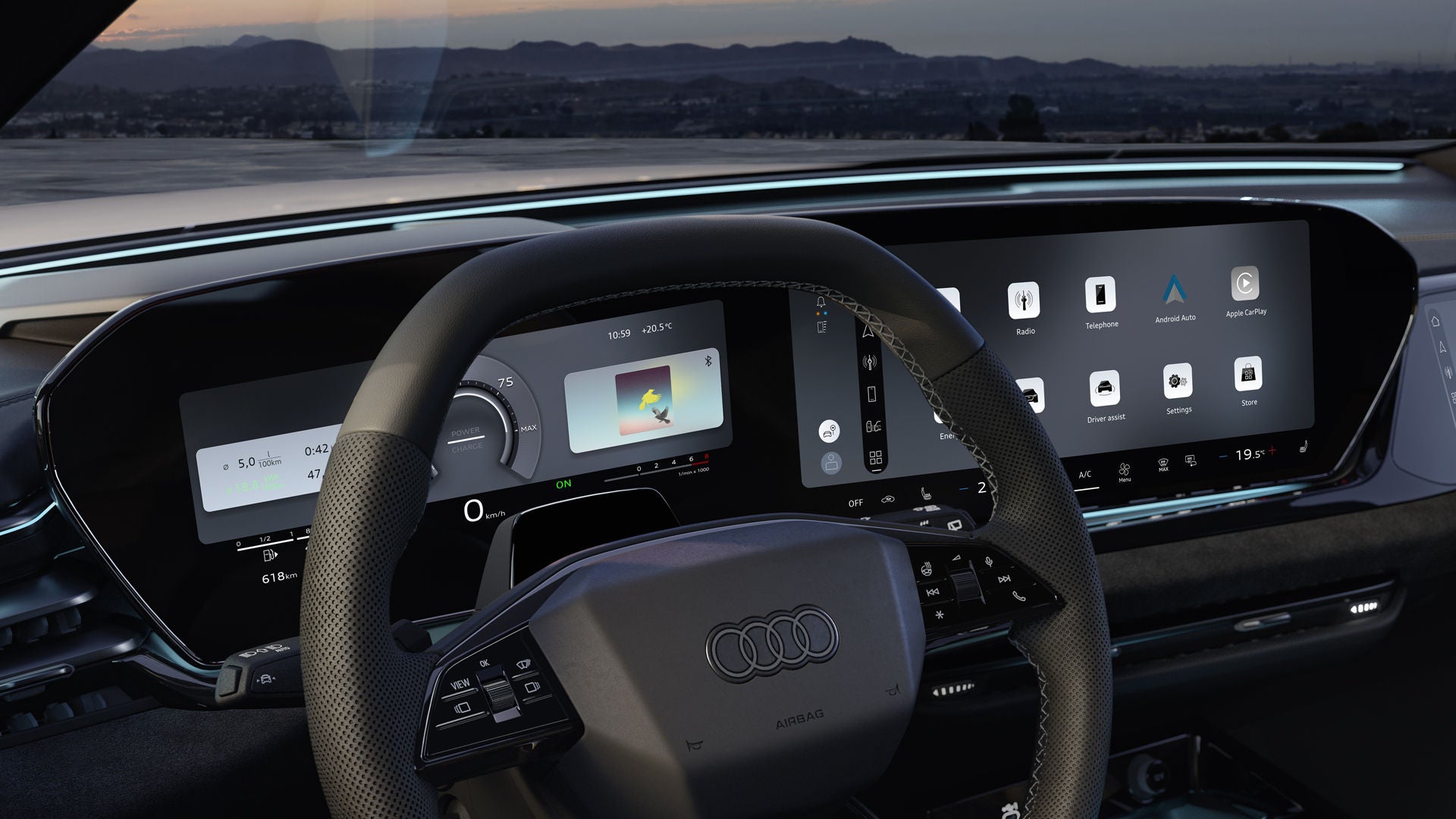 Close-up van het bestuurdersdisplay en de interactieverlichting in de cockpit van de Audi A5 Avant e-hybrid.