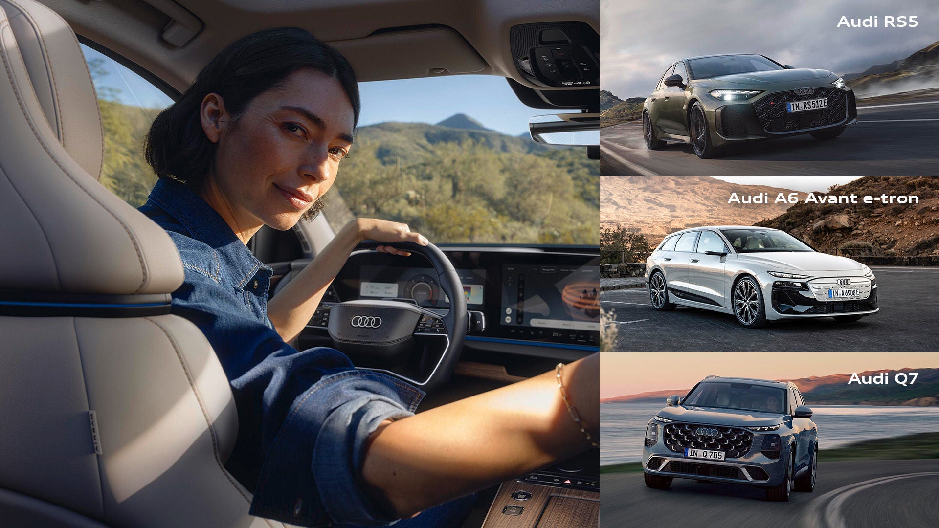 Frau fährt einen Audi; rechts sind die Modelle RS 5, A6 Avant e-tron und Q7 vor Landschaftskulissen zu sehen.